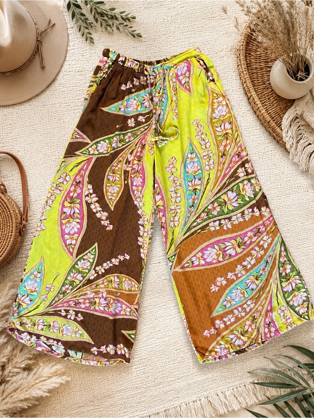 Haute Hippie Style S Floral Wide Leg Palazzo Pants Boho Resort Rayon